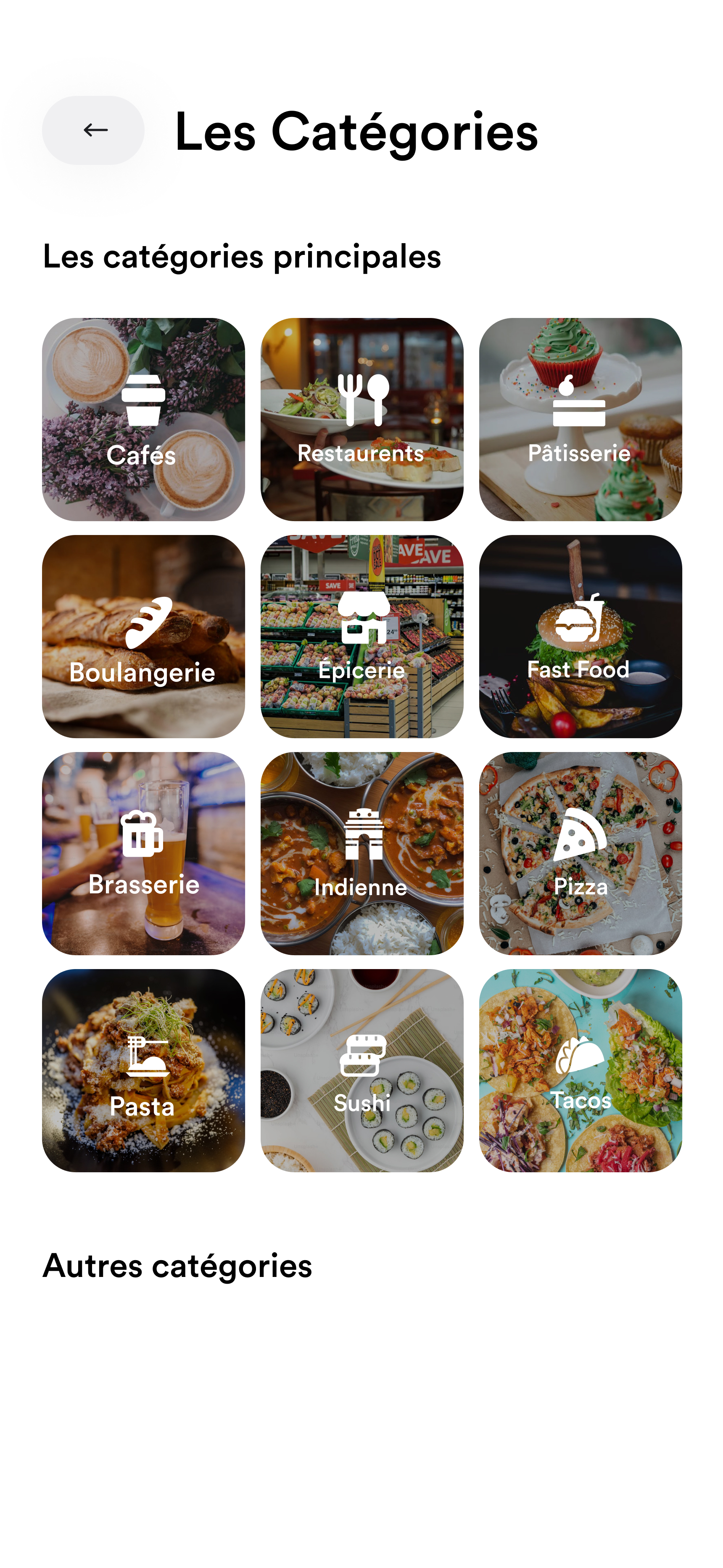 Capture réelle de l’application mobile YaCool montrant les catégories de restaurants et commerces